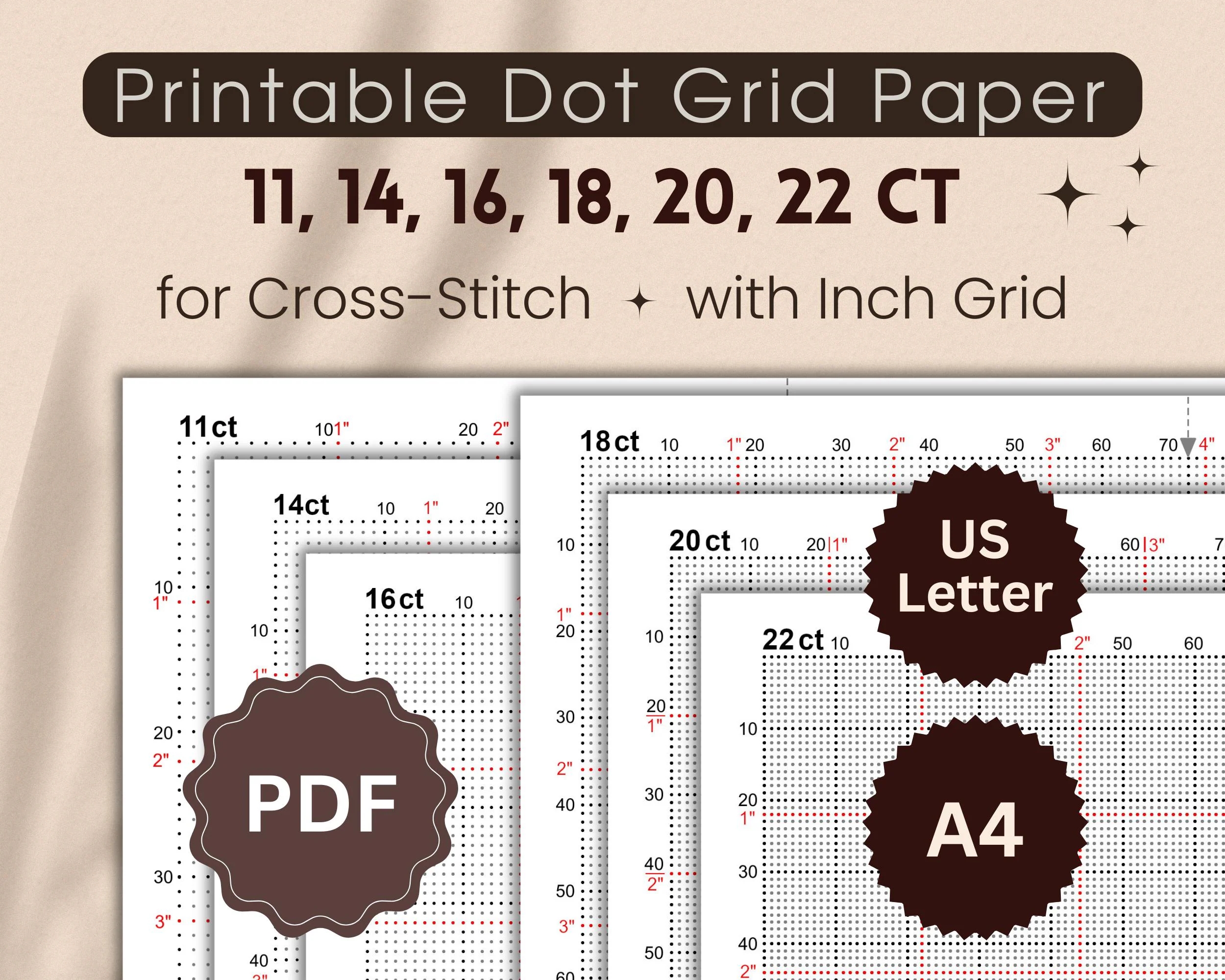 11 14 16 18 20 22 count Dot Grid Paper Bundle For Cross stitch With Inch Grid Printable PDF Grid For Creating Your Own Designs Letter A4 Etsy