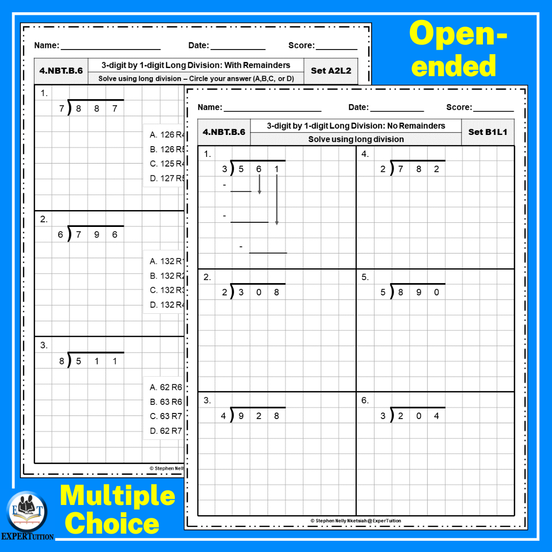 3 Digit By 1 Digit Long Division With And Without Remainders Practice Worksheets Made By Teachers