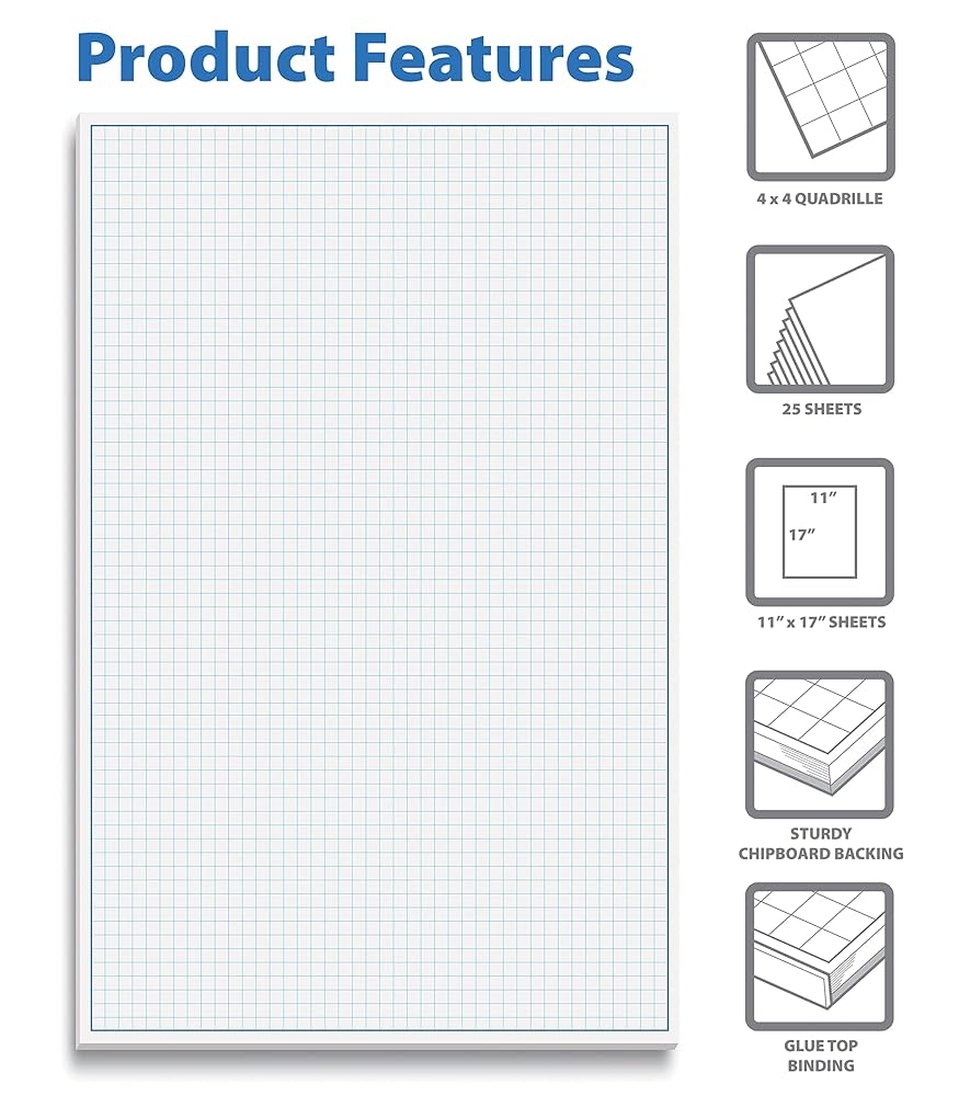 Amazon Better Office Products Graph Paper Pad 17 X 11 25 Sheets Blue Line Border Blueprint Paper Double Sided White 4x4 Blue Quad Rule Easy Tear Sheets Grid Paper Graph Paper 