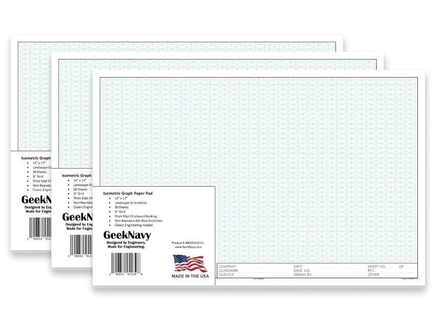 Amazon GeekNavy 11 X 17 Isometric Graph Paper 50 Sheets Landscape 0 25 Grid Non photo Blue High Brightness Drafting Engineering Art 3D Design 3 Pack Office Products