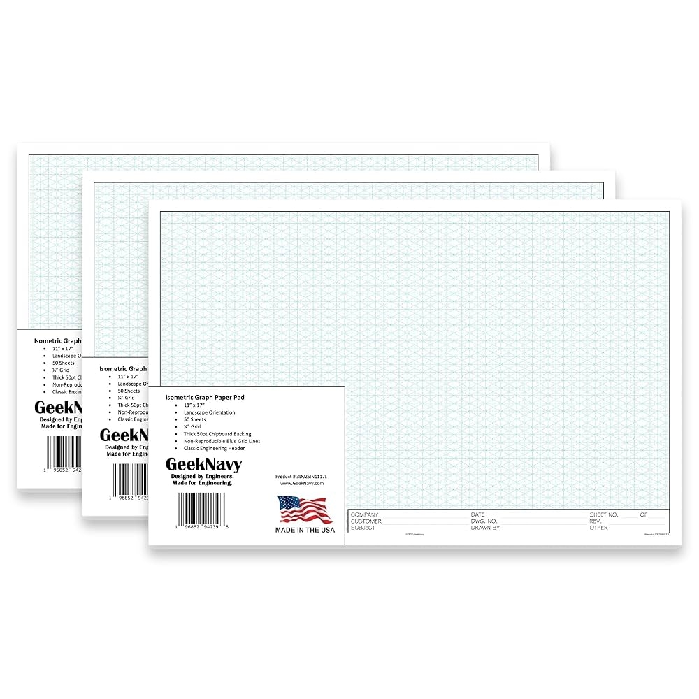 Amazon GeekNavy 11 X 17 Isometric Graph Paper 50 Sheets Landscape 0 25 Grid Non photo Blue High Brightness Drafting Engineering Art 3D Design 3 Pack Office Products