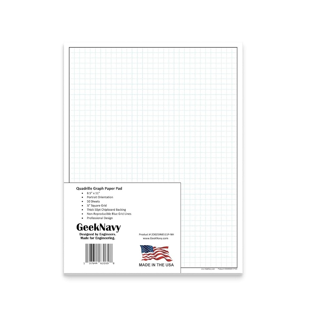Amazon GeekNavy 8 5 X 11 Quadrille Graph Paper 50 Sheets Portrait 0 25 4x4 Square Grid Blueprint High Brightness Border Outlined Drafting 1 Pack Office Products