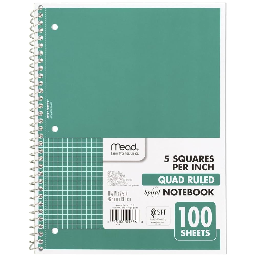 Amazon Mead Spiral Notebook 1 Subject Graph Ruled Paper 7 1 2 X 10 1 2 100 Sheets Green 05676AC5 Office Products Amazon Mead Spiral Notebook 1 Subject Graph Ruled Paper 7 1 2 X 10 1 2 100 Sheets Green 05676AC5 Office Products