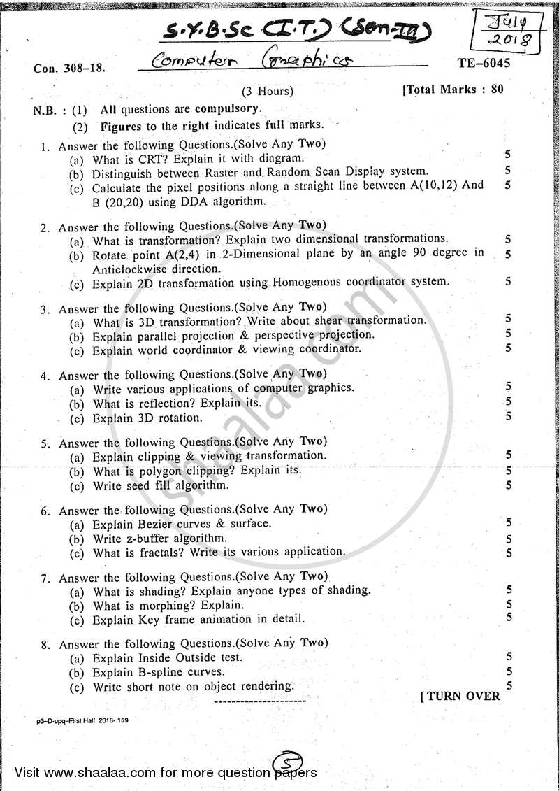 Computer Graphics 2017 2018 B Sc IT Information Technology Semester 3 SYBSc I T Question Paper With PDF Download Shaalaa