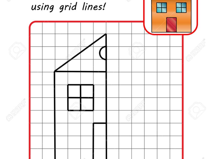 Educational Game For Kids Simple Exercise House Drawing Using Grid Symmetrical Drawing Vector Illustration Royalty Free SVG Cliparts Vectors And Stock Illustration Image 170555698