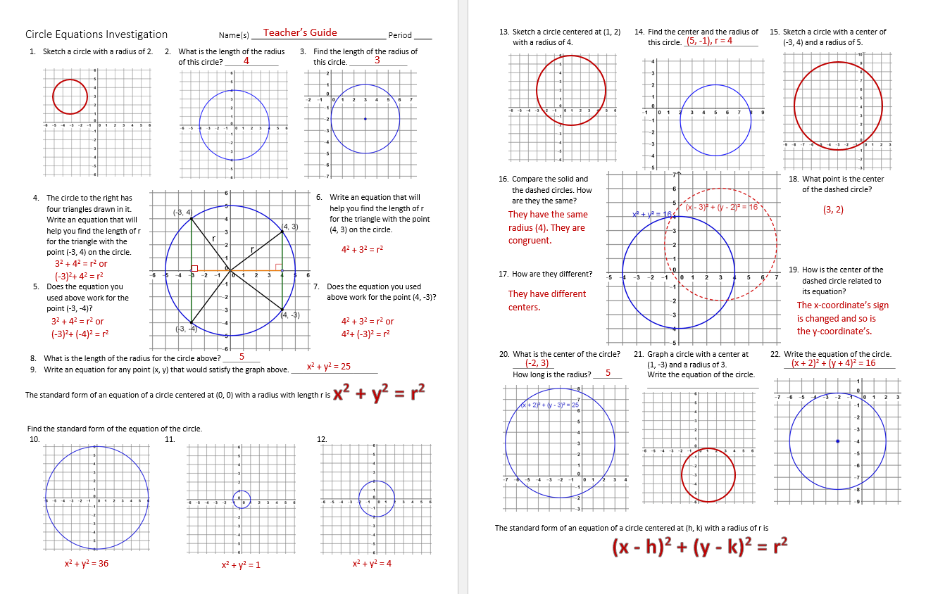 Graphing Circles Worksheet No Translations
