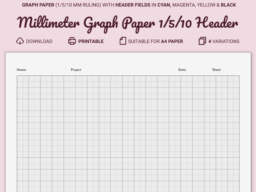 Millimeter Graph Paper With Header Printable A4 10 Mm Margin 1 5 10 Mm Guides Cyan magenta yellow black Name project date sheet Fields Etsy
