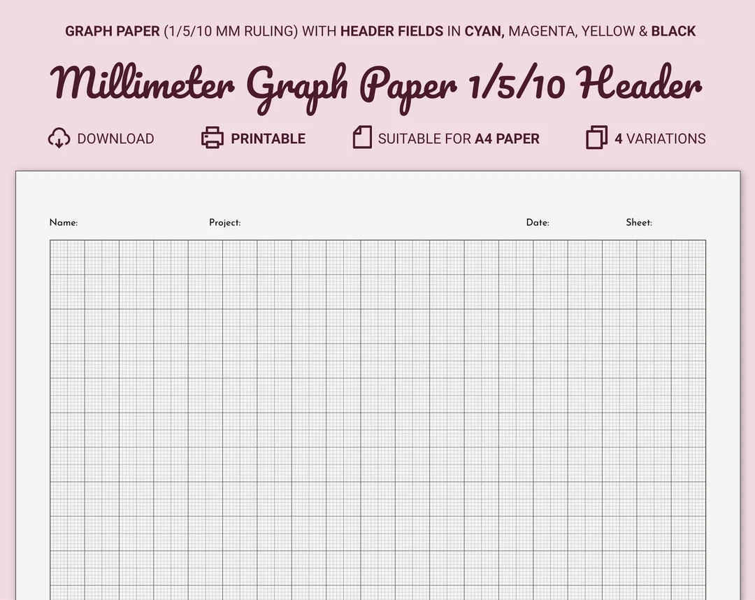 Millimeter Graph Paper With Header Printable A4 10 Mm Margin 1 5 10 Mm Guides Cyan magenta yellow black Name project date sheet Fields Etsy Canada