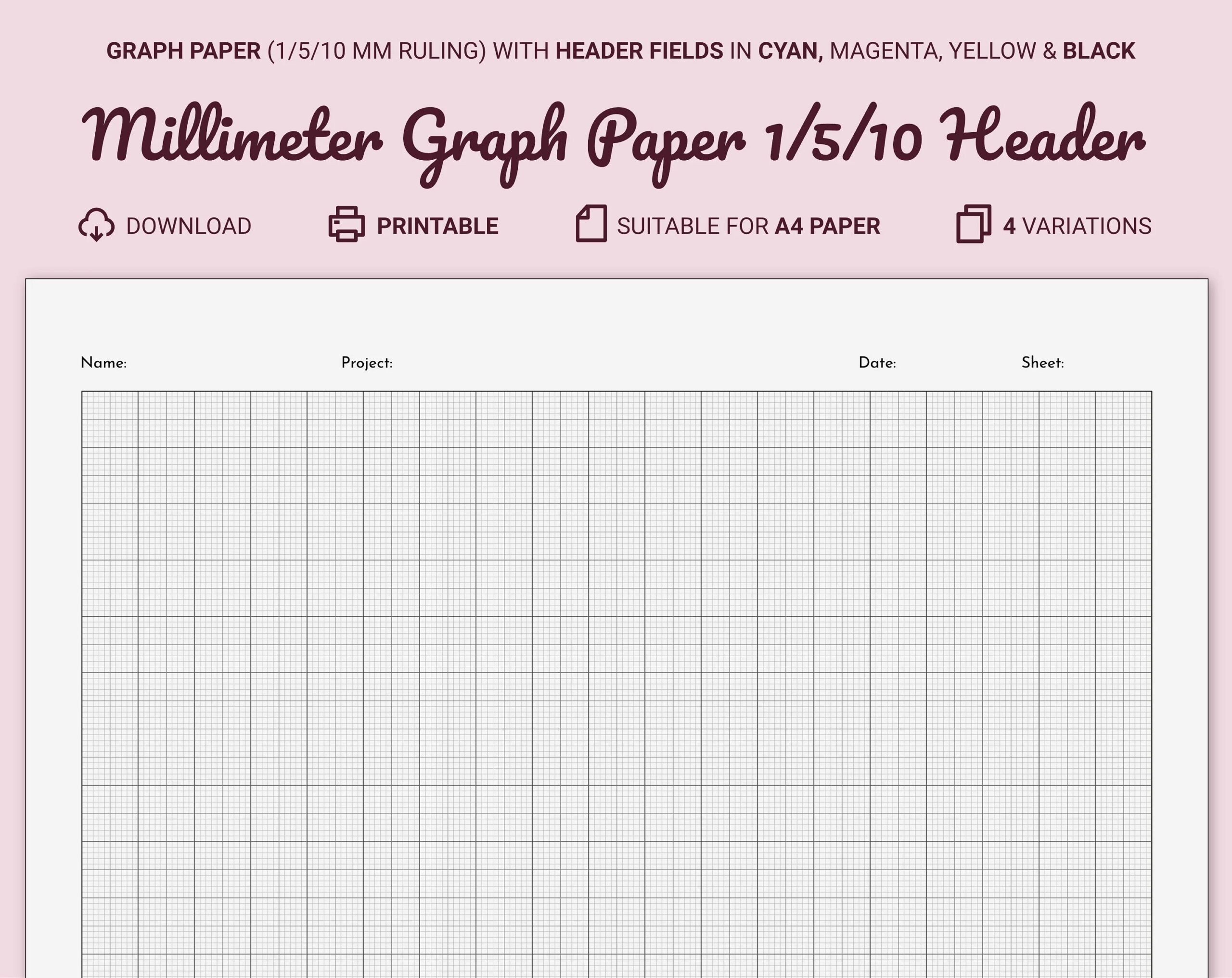 Millimeter Graph Paper With Header Printable A4 10 Mm Margin 1 5 10 Mm Guides Cyan magenta yellow black Name project date sheet Fields Etsy