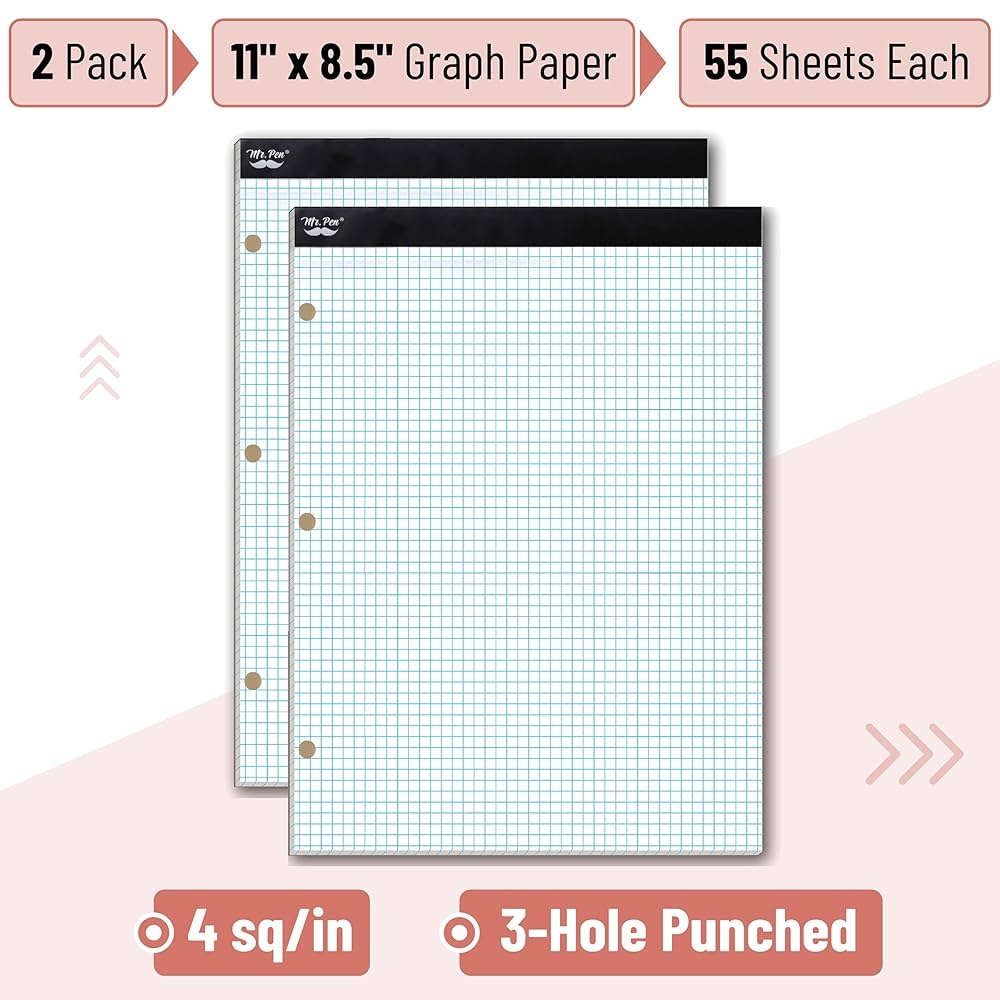 Mr Pen Graph Paper 2 Pack Of 55 Sheets 8 5 x11 4x4 4 Squares Per Inch 3 Hole Punched Graphing Paper Grid Paper Pad Math Graph Paper Pad Drafting Paper Computation Pads Square Paper 