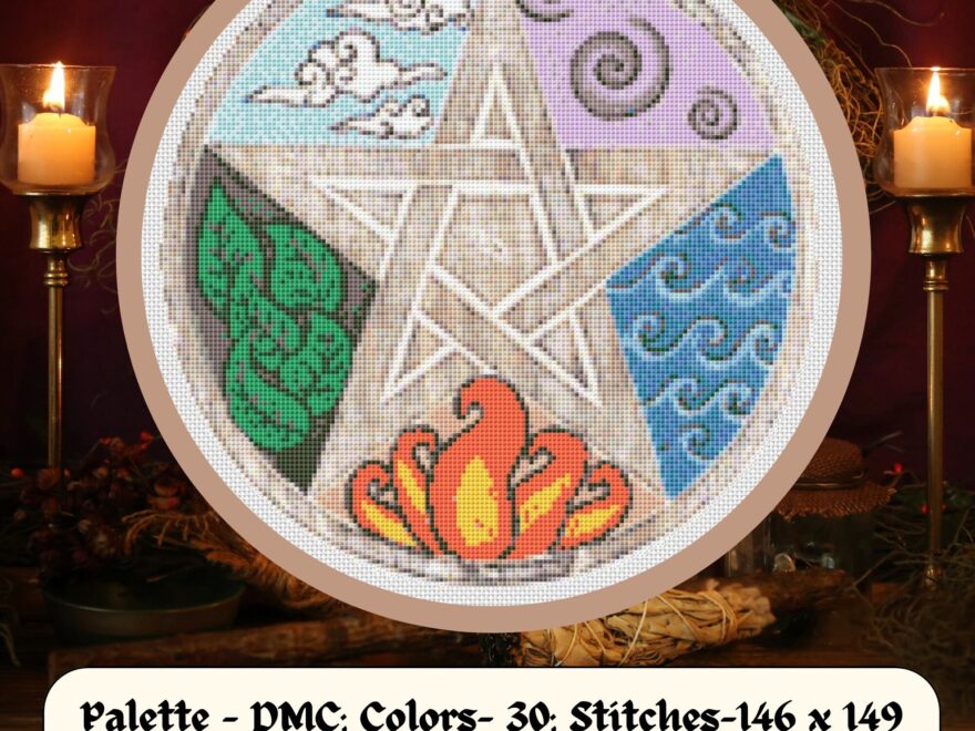 Pagan Cross Stitch Pattern Pentacle With Elements Of Nature Earth Air Fire Water Spirit PDF Compatible With Pattern Keeper Etsy