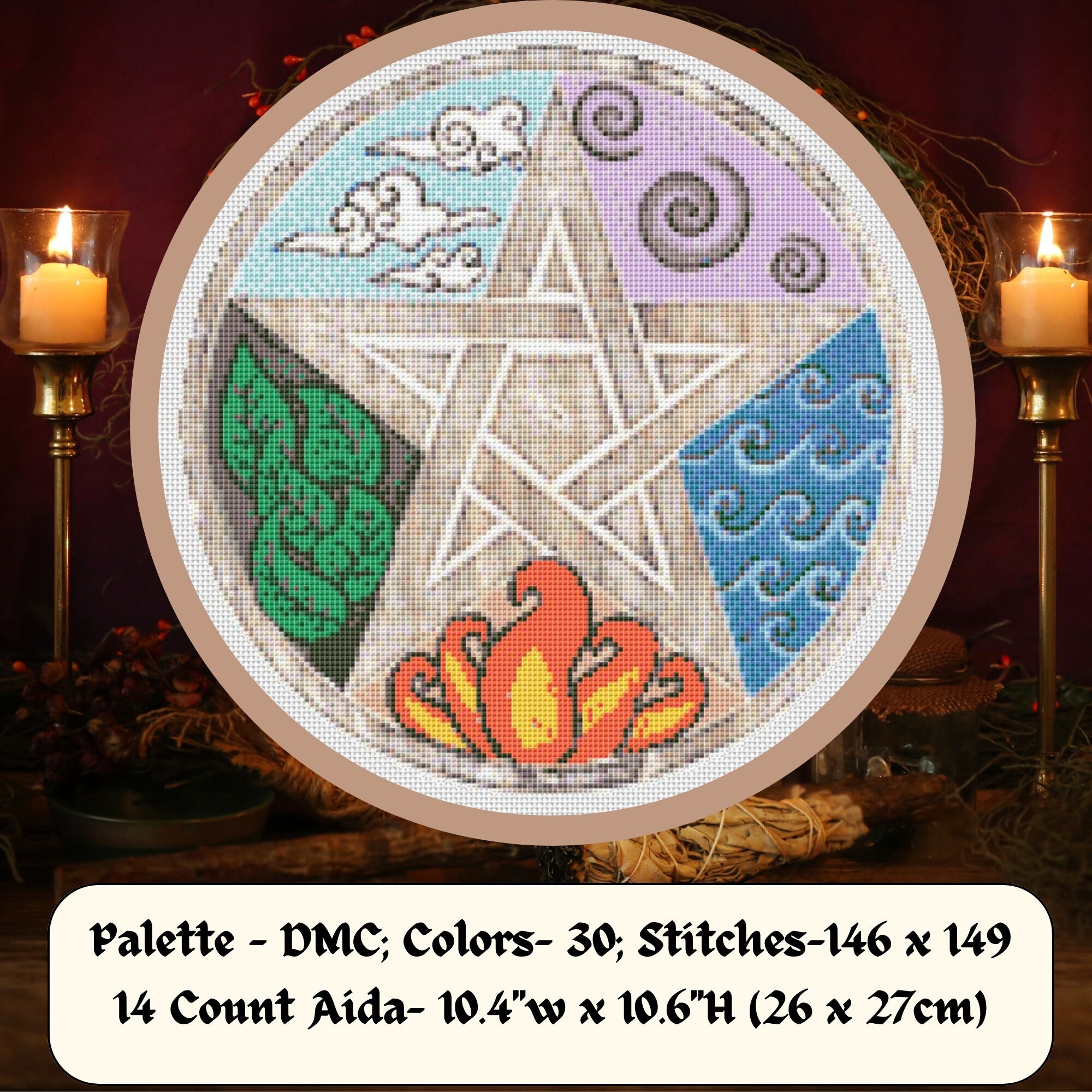 Pagan Cross Stitch Pattern Pentacle With Elements Of Nature Earth Air Fire Water Spirit PDF Compatible With Pattern Keeper Etsy