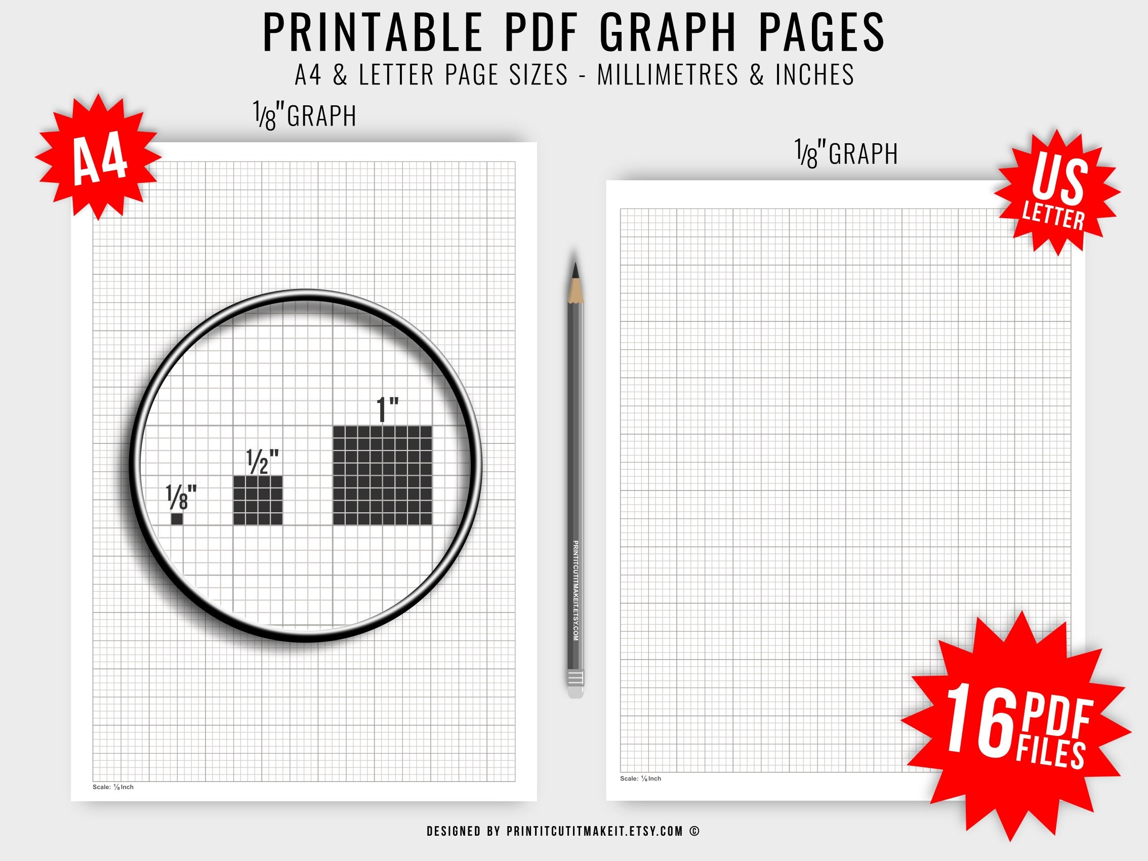 Printable Graph Paper PDF Bundle Imperial Metric A4 US Letter PDF Printable Grid Paper Templates 1 8 1 4 1 2 1 2mm 5mm 10mm 20mm Digital Etsy