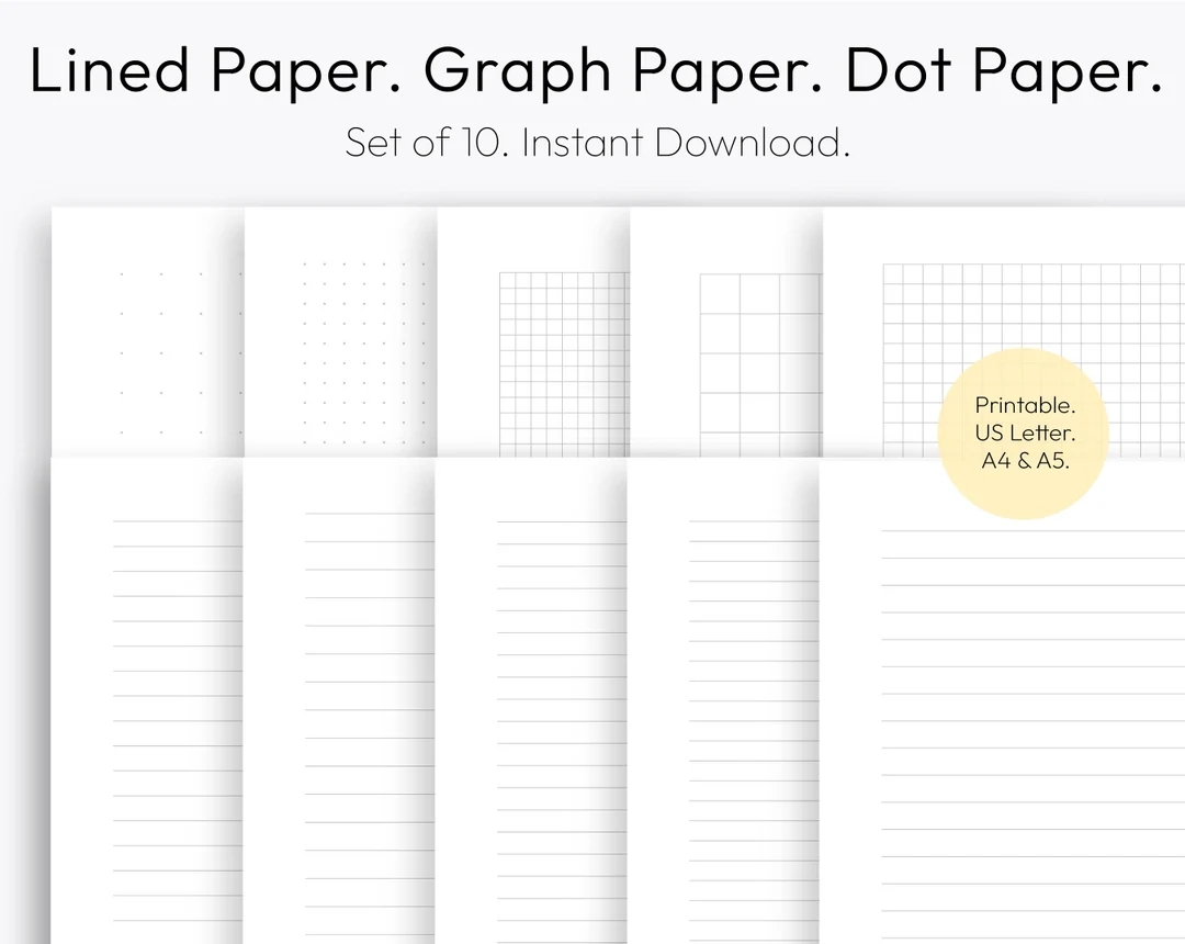 Printable Lined Paper Graph Paper Grid Paper Dot Paper Instant Download PDF A4 A5 Letter Etsy