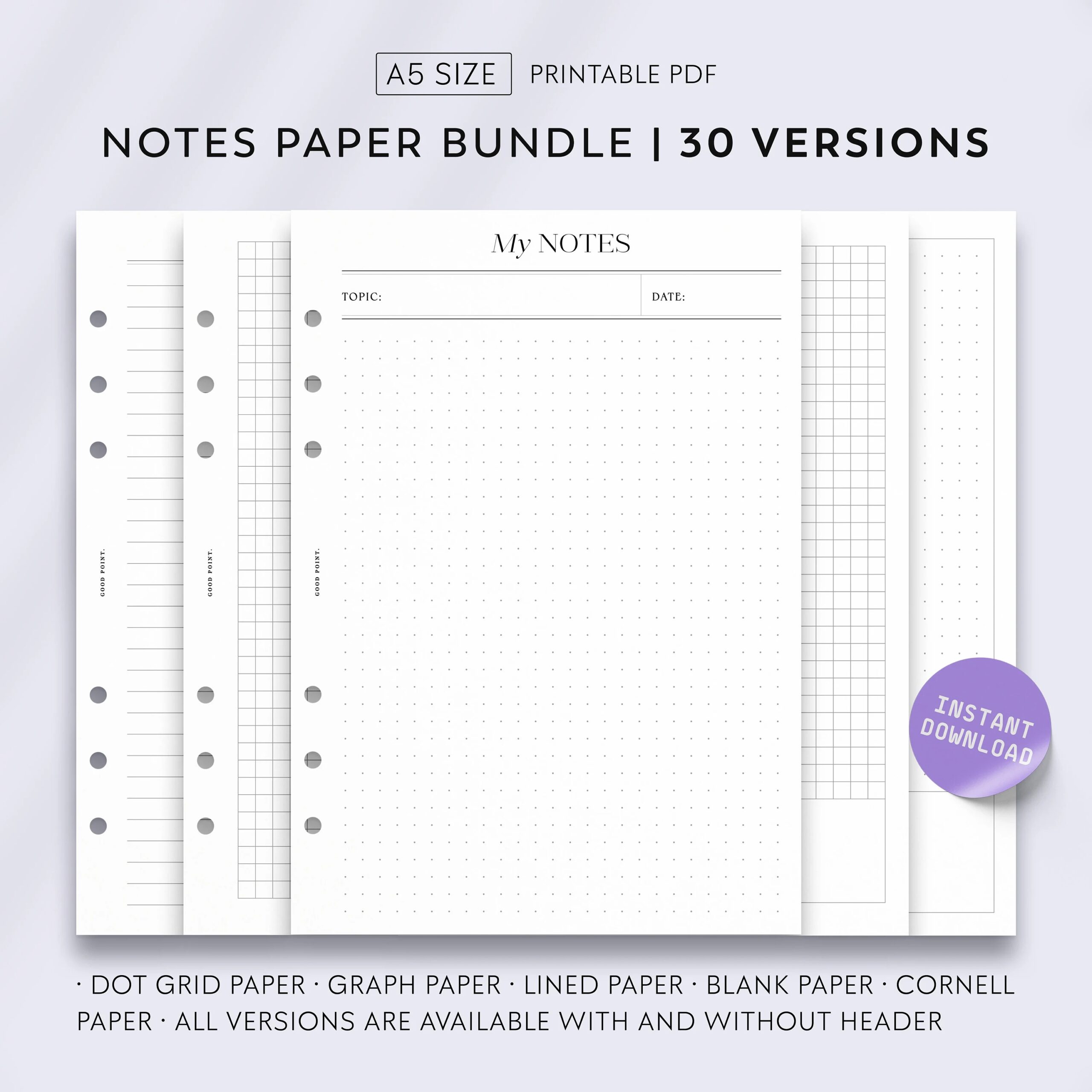 Printable Notes Paper Dot Grid Paper Lined Paper Graph Paper Notebook Journal Dotted Cornell Notes A5 PDF Printable Planner Inserts Note Etsy
