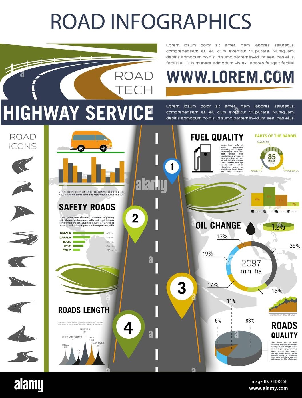 Road Infographic Roadway With Pin Pointers Road And Car Icons Graph Chart And Diagram With Fuel And Road Quality Safety And Path Length Informati Stock Vector Image Art Alamy