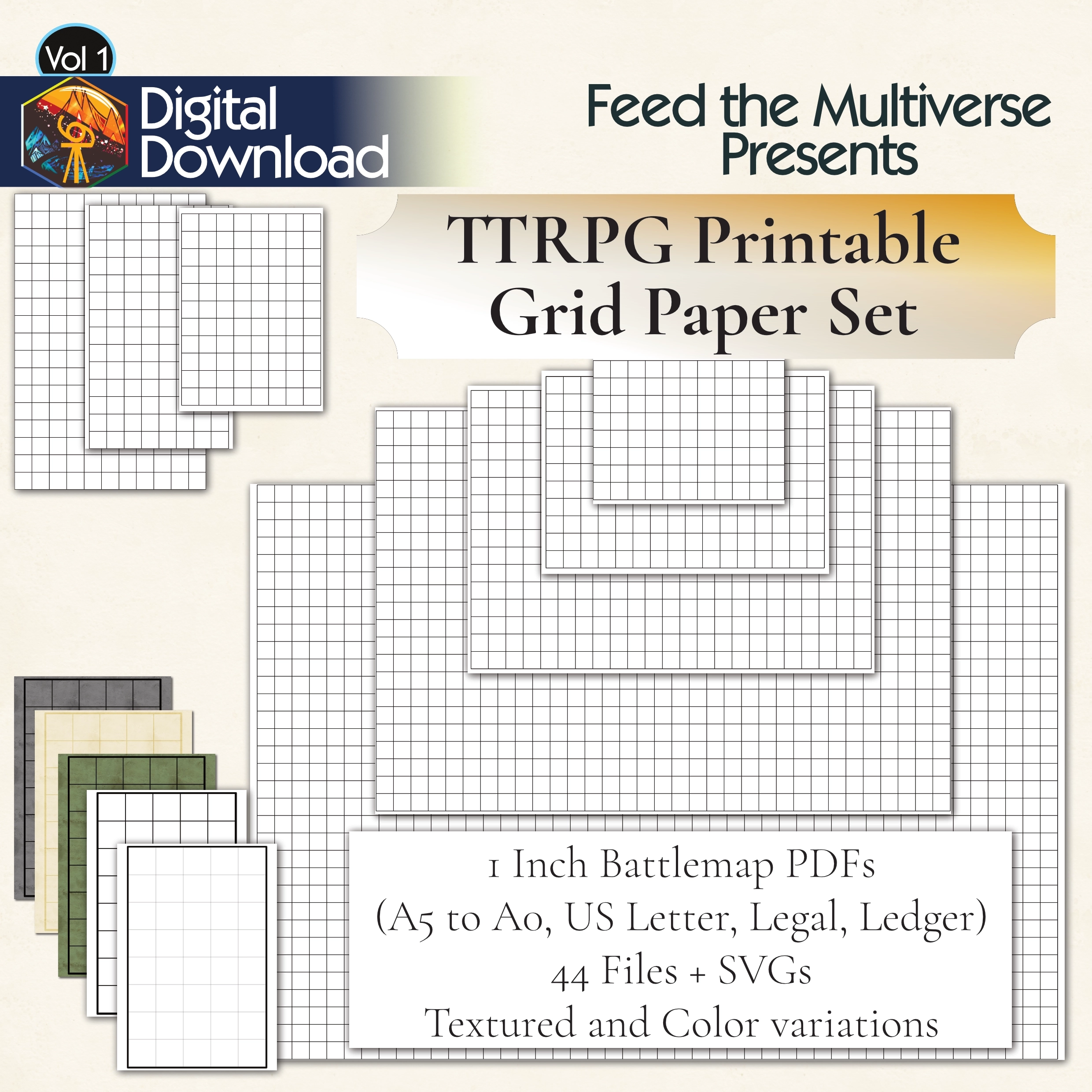 TTRPG Printable Grid Paper Set 1 Inch Battle Map PDFs A5 To A0 US Letter Legal Ledger 44 Files SVGs Thin Thick Textured Color CartographyAssets