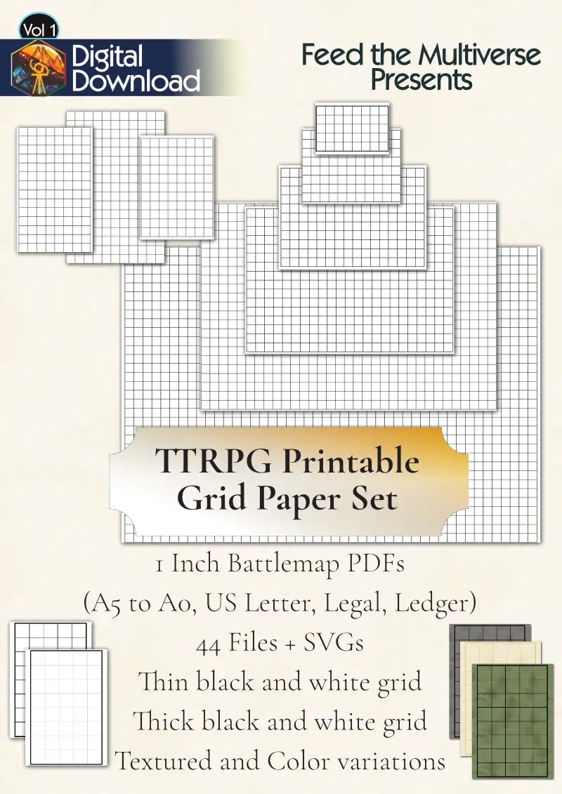 TTRPG Printable Grid Paper Set 1 Inch Battle Map PDFs A5 To A0 US Letter Legal Ledger 44 Files SVGs Thin Thick Textured Color Feed The Multiverse DriveThruRPG TTRPG Printable Grid Paper Set 1 Inch Battle Map PDFs A5 To A0 US Letter Legal Ledger 44 Files SVGs Thin Thick Textured Color Feed The Multiverse DriveThruRPG