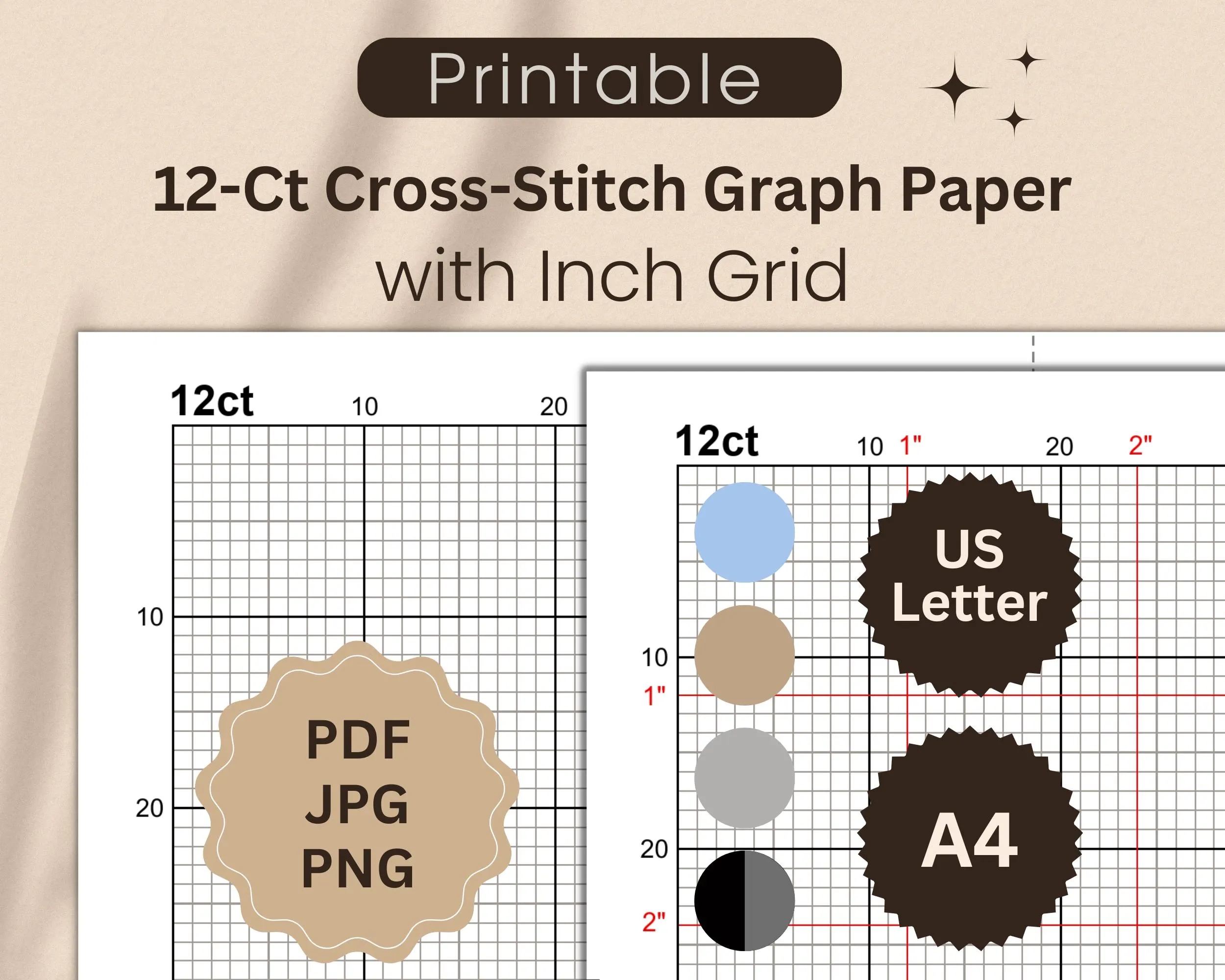 12 count Graph Paper For Cross stitch With Inch Grid Printable Cross stitch Grid For Creating Your Own Designs Letter A4 PDF JPG PNG Etsy