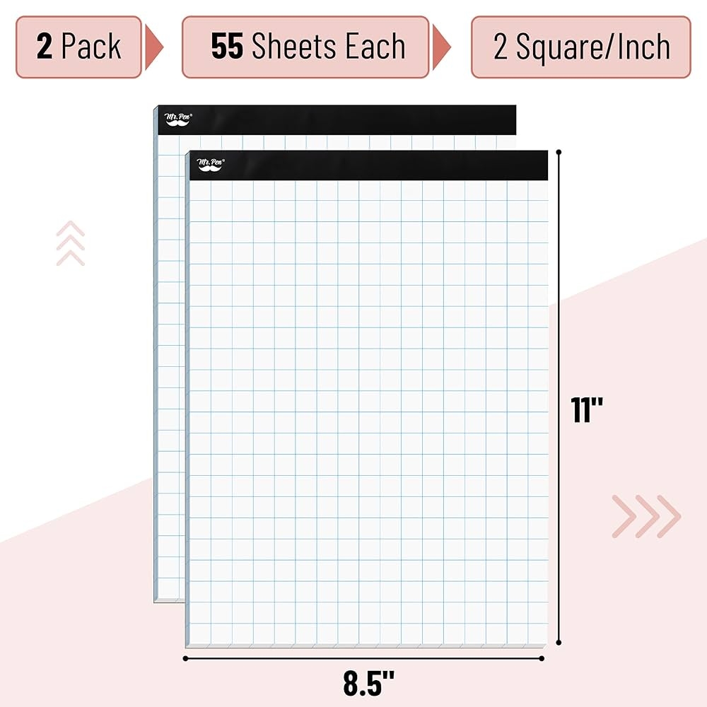 Amazon Mr Pen Graph Paper Pads 8 5 X 11 Inches 2 Pack 55 Sheets Pack 2x2 2 Squares Per Inch Blueprint Grid Paper Pads 8 5 X 11 Math Notebook Office Products