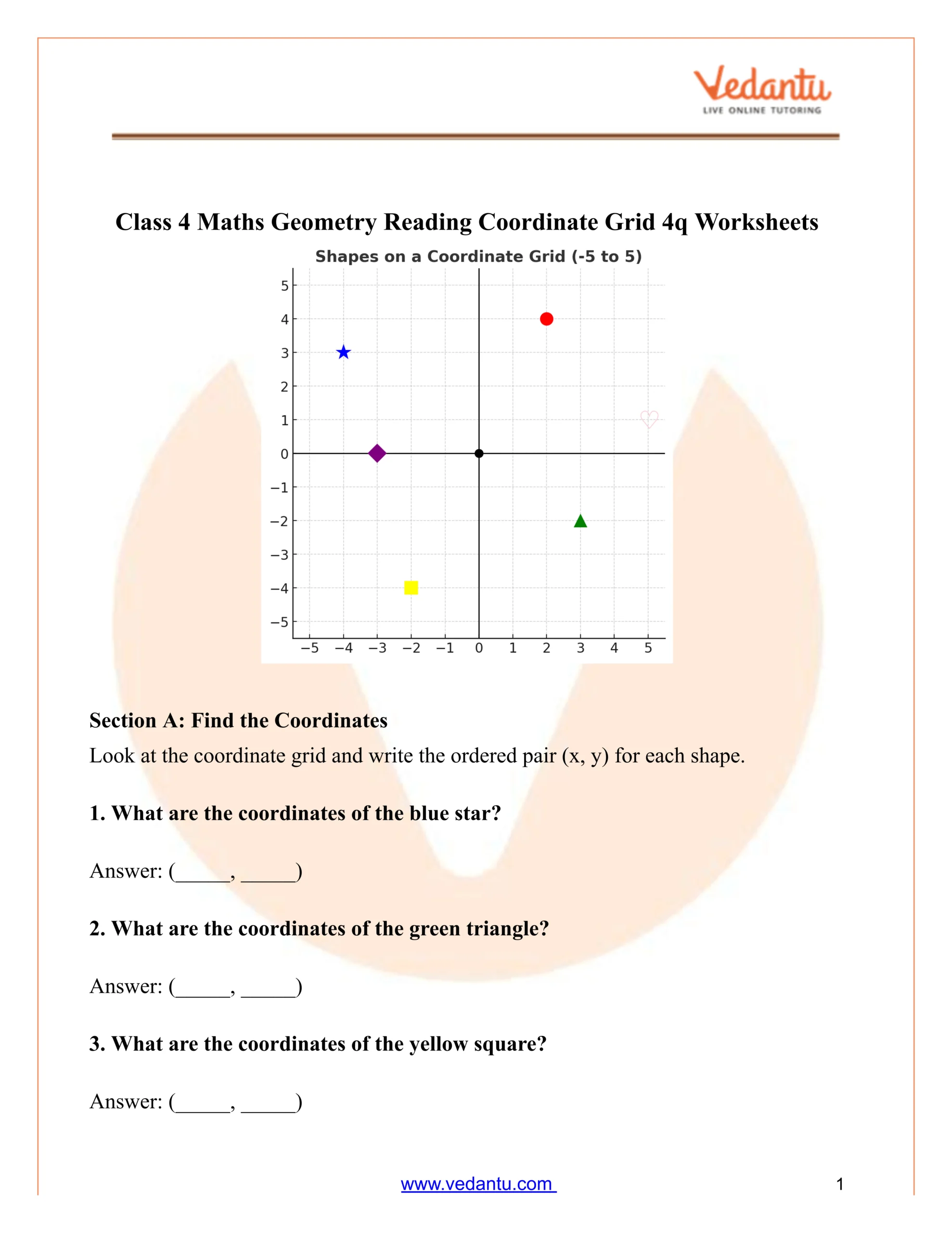 Class 4 Maths Geometry Coordinate Grid 4 Quadrants Worksheet