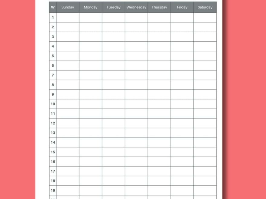 Free 20 Week Calendar Printable PDF