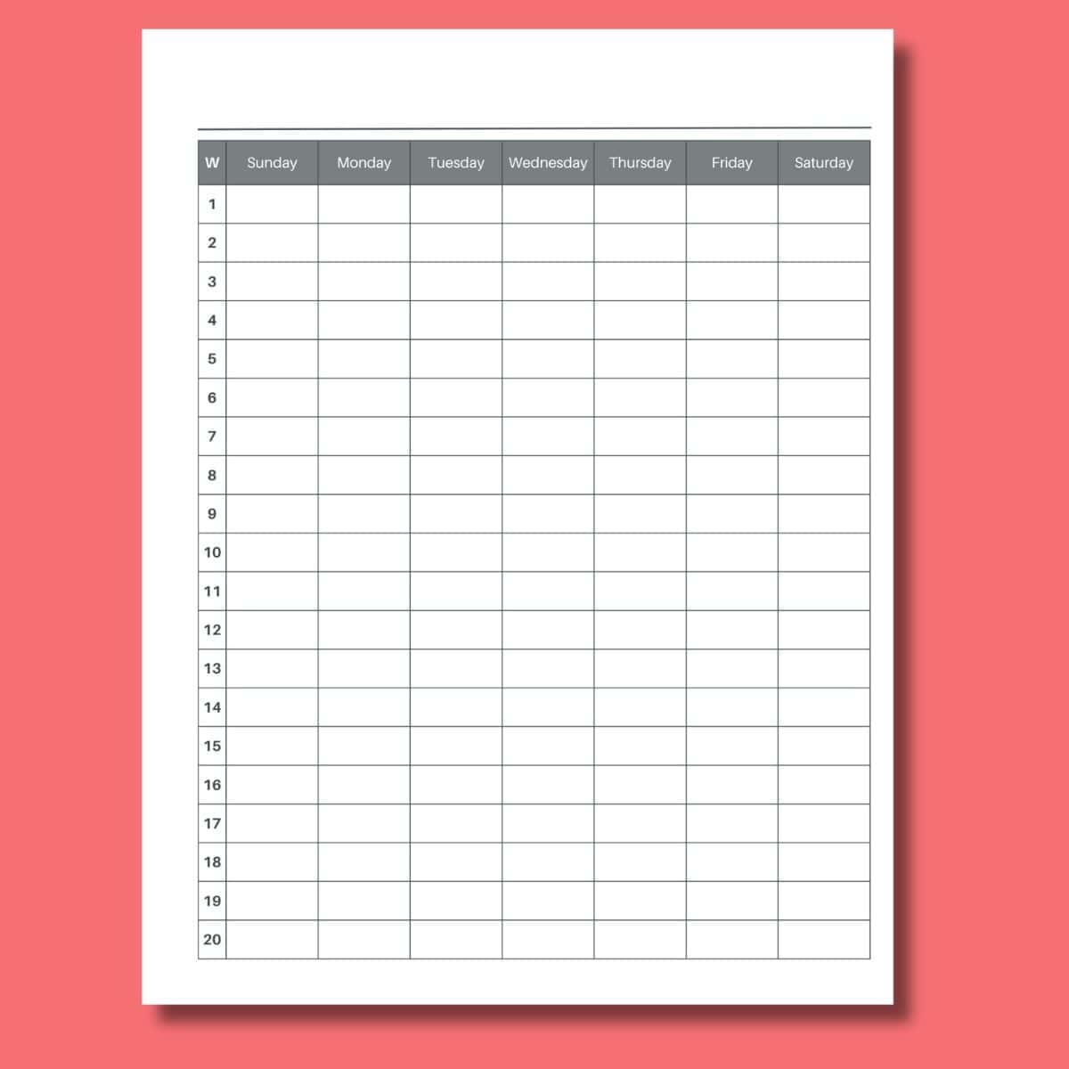 Free 20 Week Calendar Printable PDF