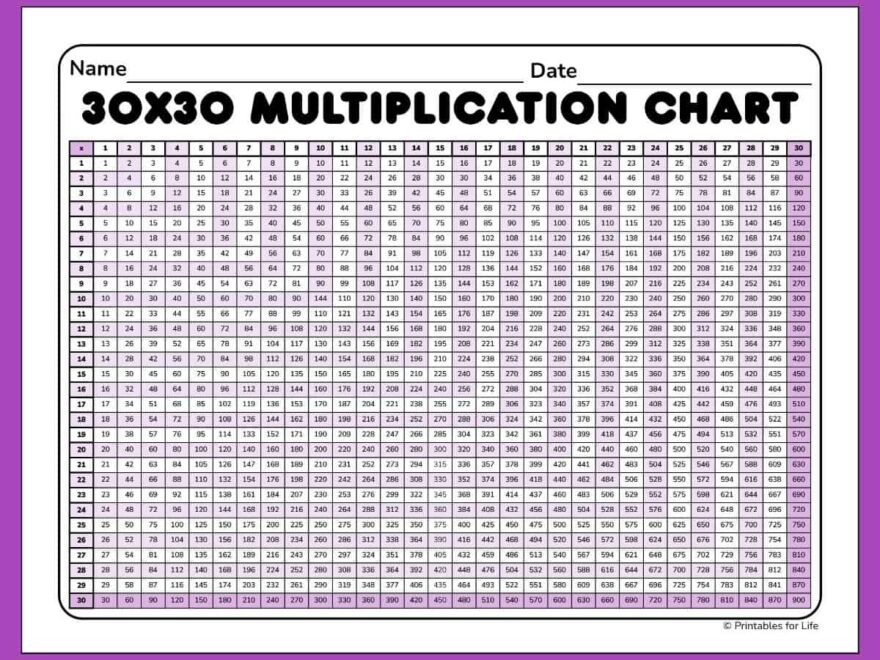 Free Multiplication Chart 30x30 Printable PDF