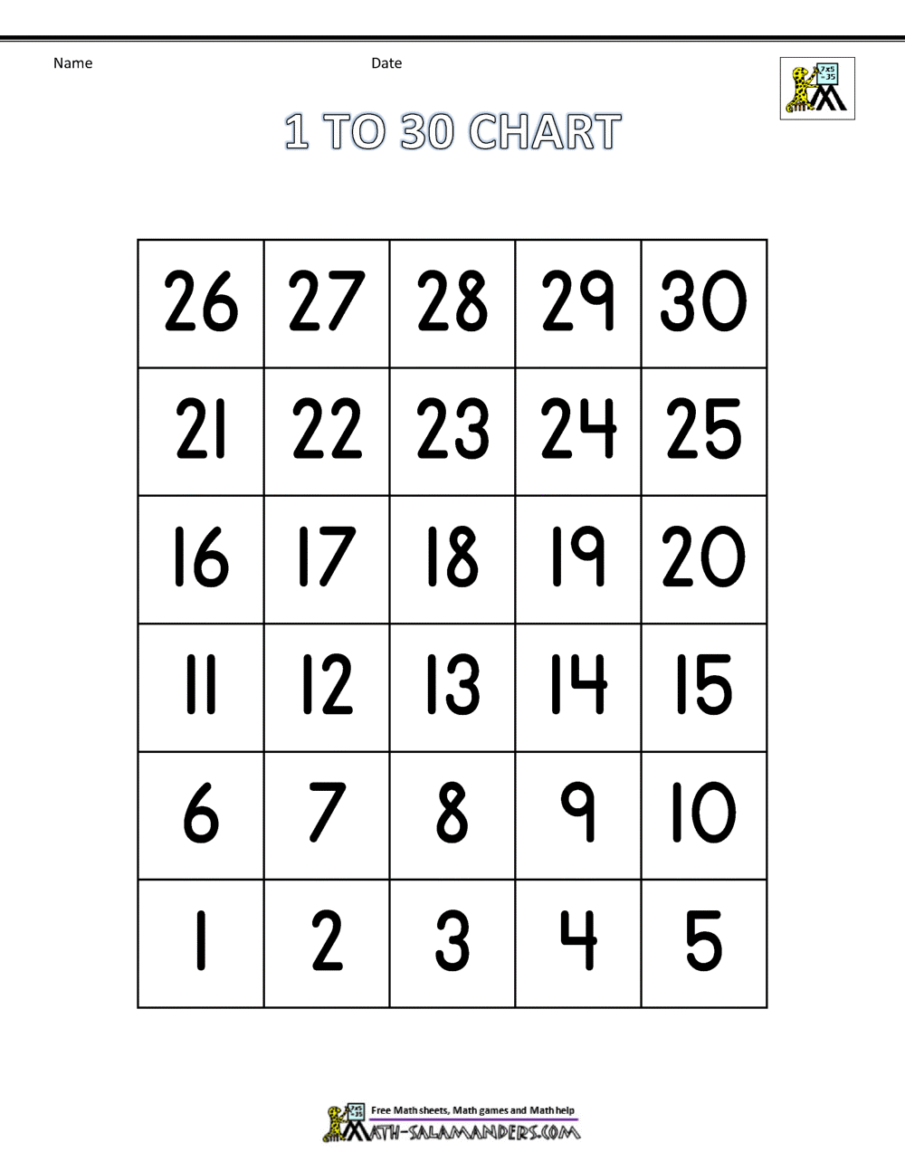 Free Number Chart 1 30