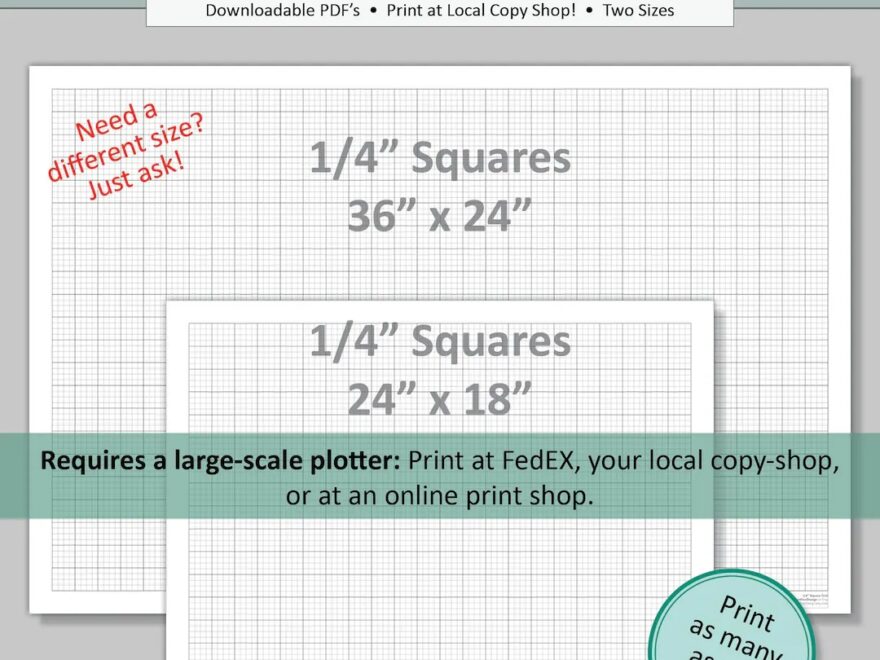 Large Scale SQUARE Graph Paper 1 4 Grid Two Sizes 36x24 24x18 digital PDF Download Etsy