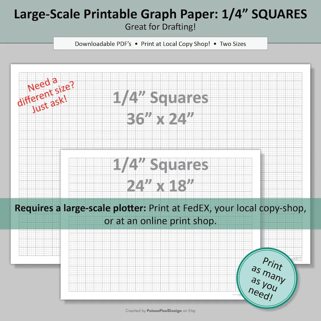 Large Scale SQUARE Graph Paper 1 4 Grid Two Sizes 36x24 24x18 digital PDF Download Etsy