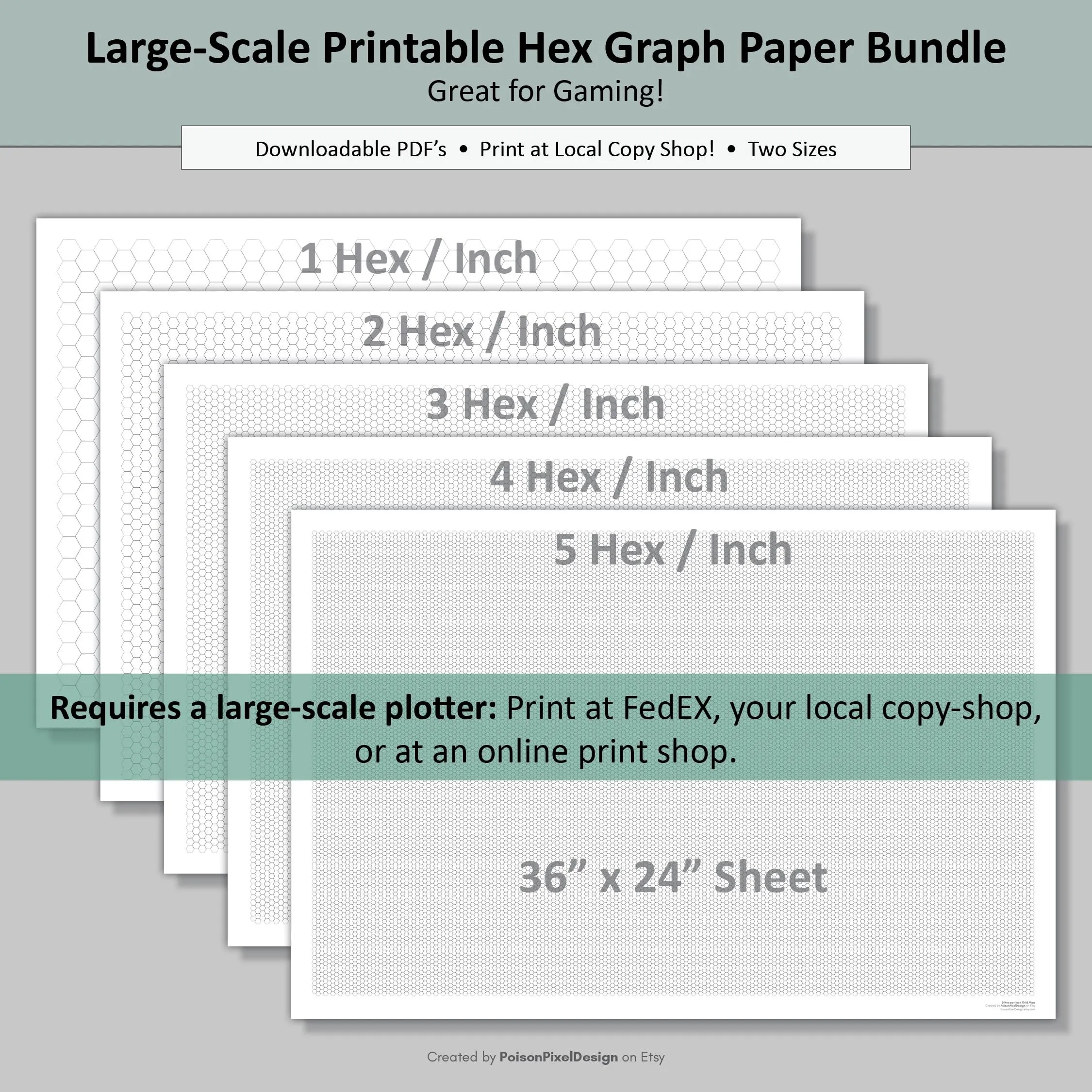 Printable Hexagonal Graph Paper Bundle 5 Hex Sizes 2 Paper Sizes Hex Map Paper DND Miniature Wargaming Terrain Mapping Game Design Etsy