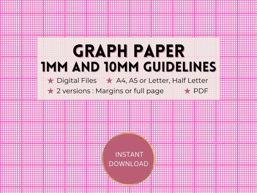 Printable Pink Graph Paper 1mm 10mm 1cm Guideline Grid Template Full Page And Margins Digital PDF Instant Download A4 a5 letter half Etsy