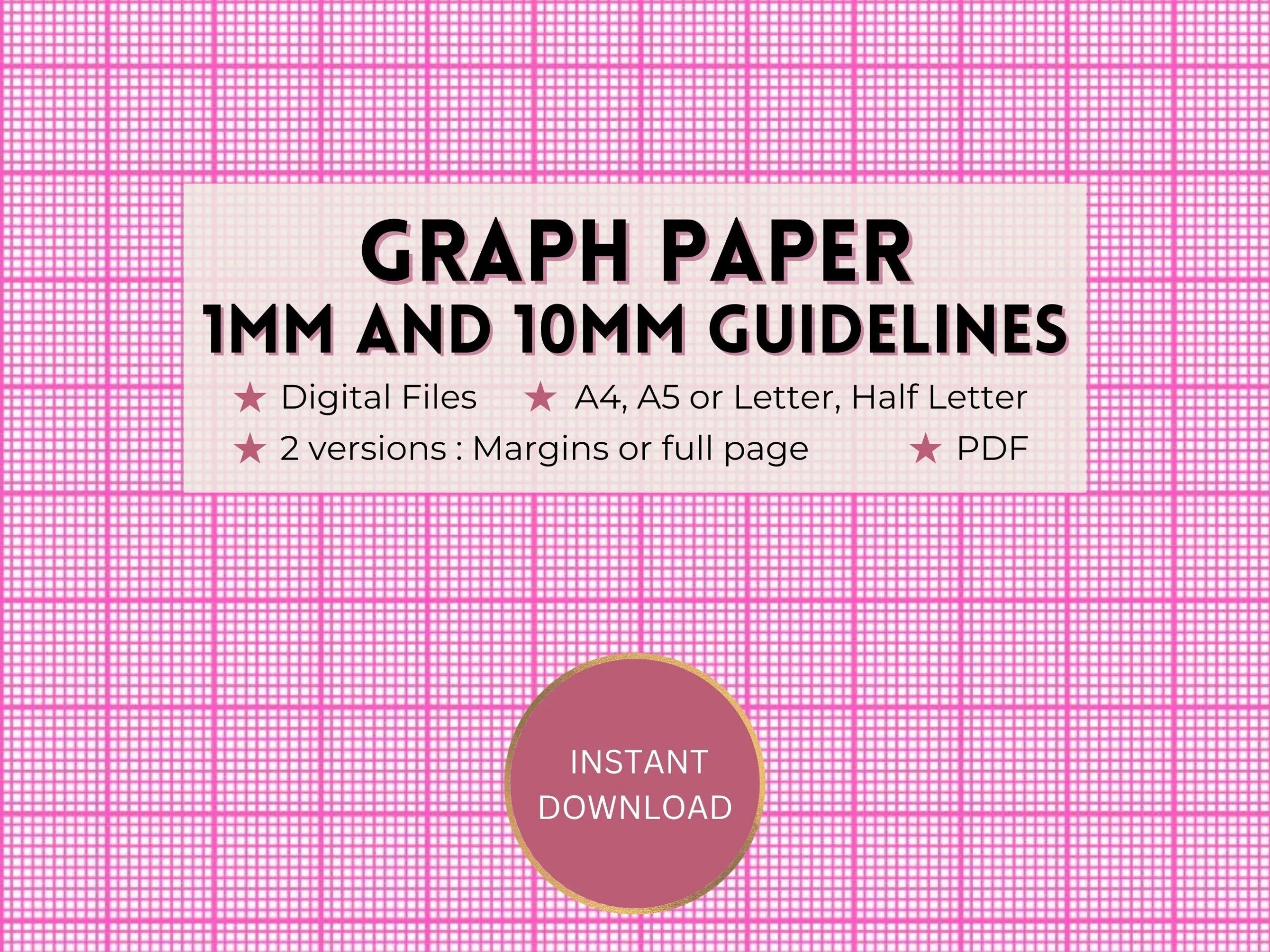 Printable Pink Graph Paper 1mm 10mm 1cm Guideline Grid Template Full Page And Margins Digital PDF Instant Download A4 a5 letter half Etsy