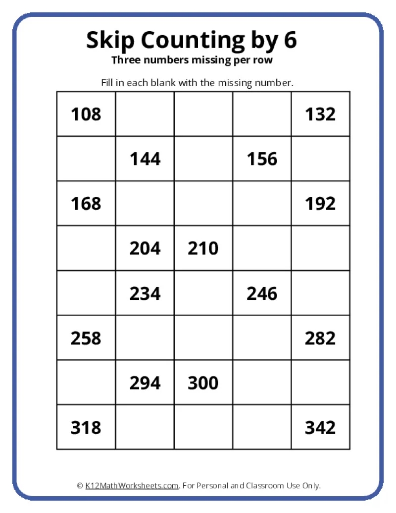 Skip Counting By 6 K12 Math Worksheets Skip Counting By 6 K12 Math Worksheets